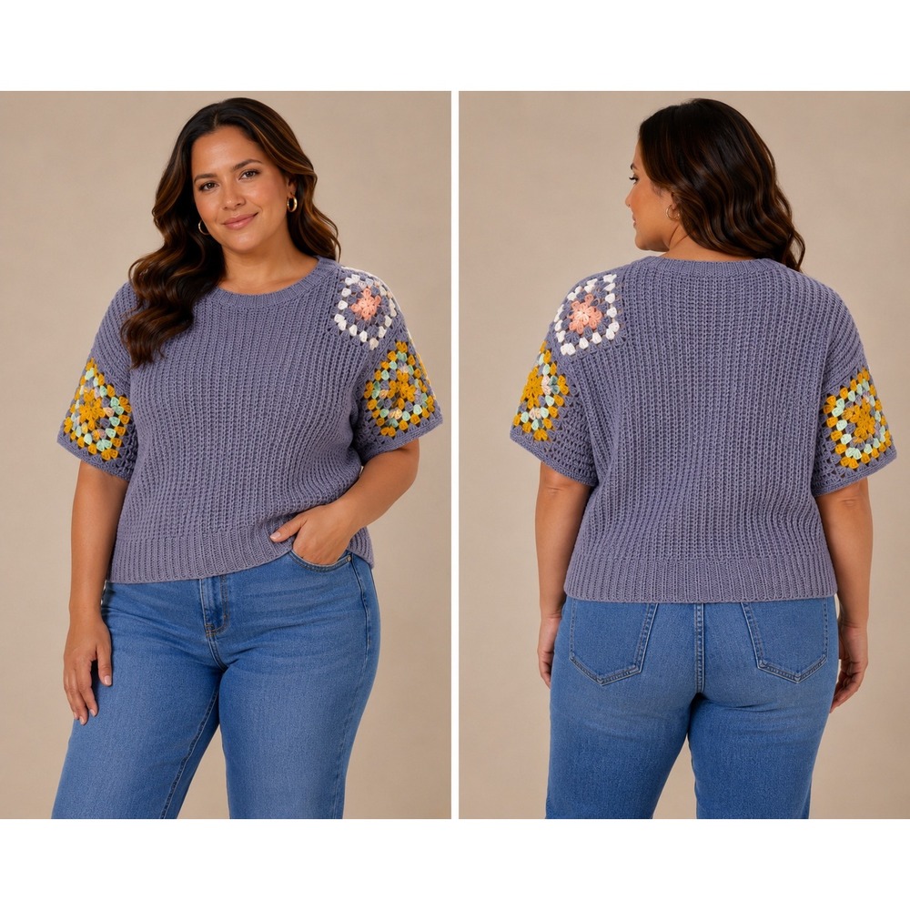 Universal Thread Purple Crochet Granny Square Short Sleeve Sweater Top XL